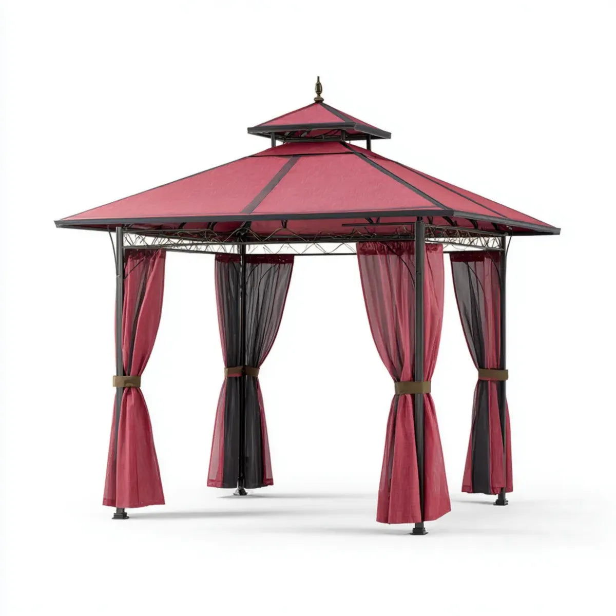 Altana lub pergola, Ogród altanowy kwadratowy burgundowy i czarny 300 x 300 x 270 cm w stali i poliestrze z zasłonami i moskitierami