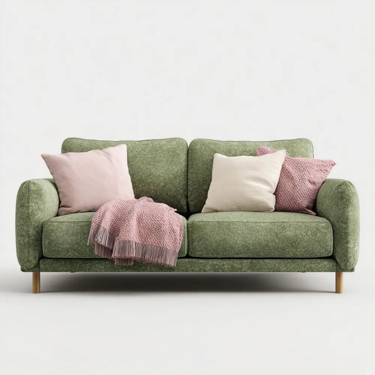 Sofa, 2-osobowa w sofie z poliestru oliwa oliwkowa zielona z drewnianymi nóżkami, 170 x 85 x 86 cm