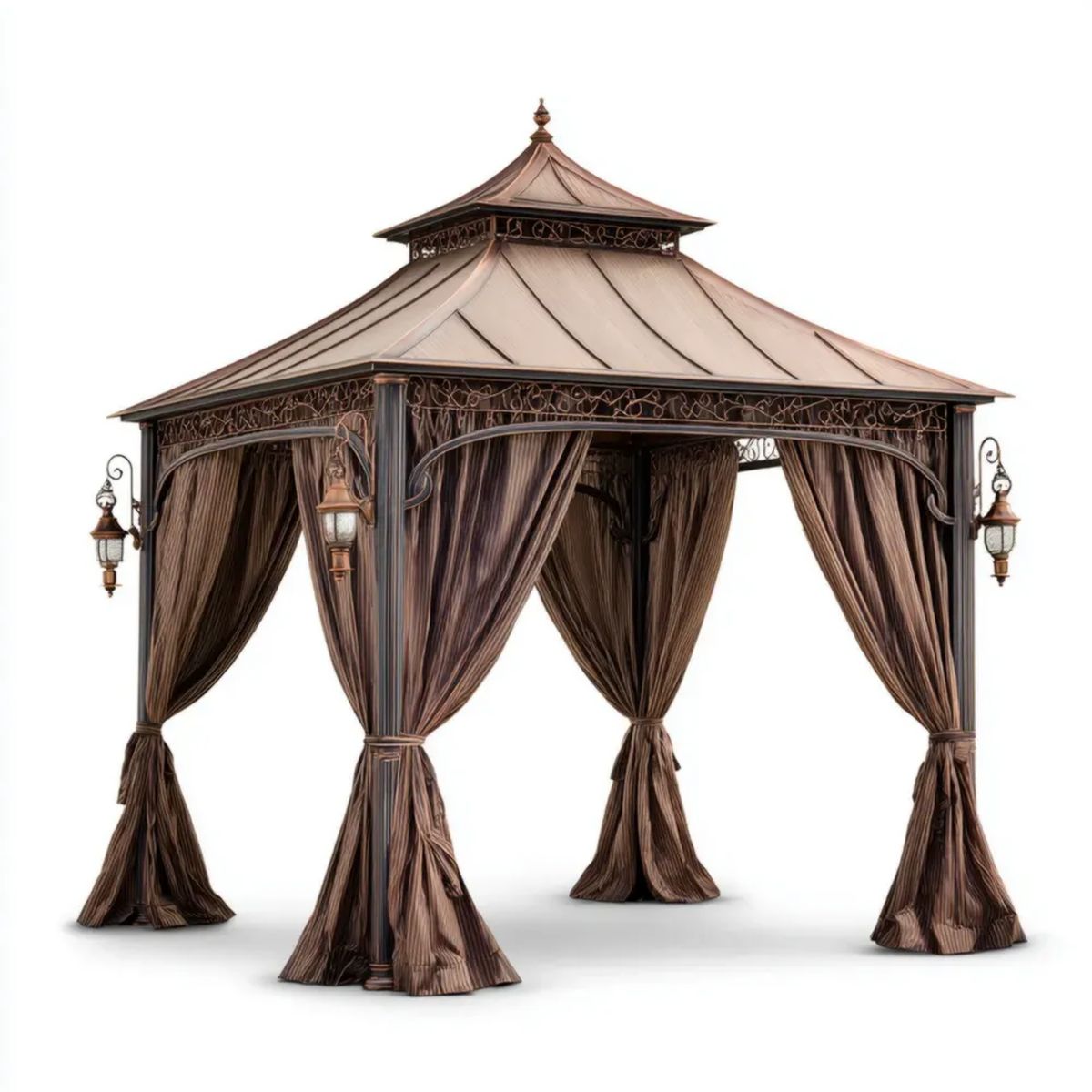 Altana lub pergola, Stal kwadratowy ogród tonnale z dwupoziomowym piramida dachu i brązowy poliester zasłony, 300 x 300 x 320 cm