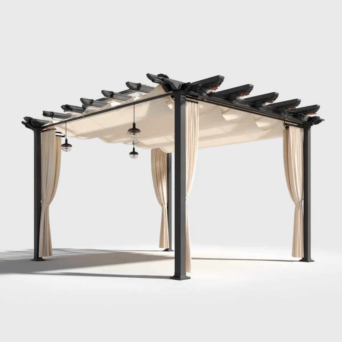 Altana lub pergola, prostokątny ogród pergola czarny i beżowy 400 x 300 x 230 cm w aluminium i poliester z kurtyny przesuwne i boczne zasłony