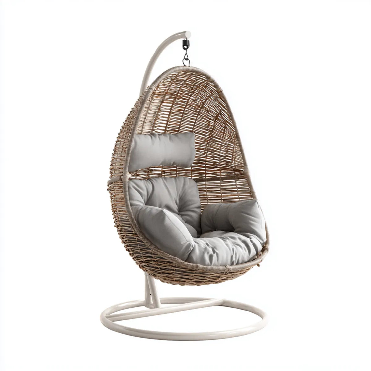 Hamak lub fotel wiszący, Zestaw wiszący z ramą naturalna jasnoszary biały 105 x 105 x 195 cm rattan warkocz kropla kształt
