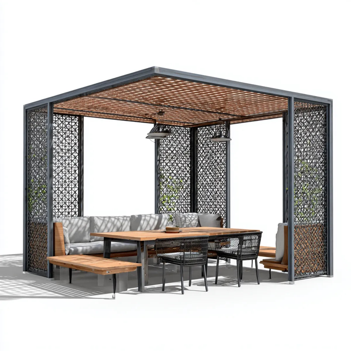 Altana lub pergola, Plac ogród pergola 300 x 300 x 250 cm w aluminium z drewnianym frangisole i panele perforowane
