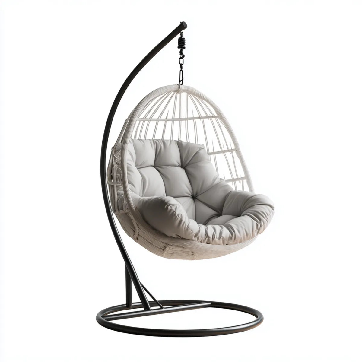 Hamak lub fotel wiszący, Wiszące krzesło z ramą Biały 105 x 105 x 195 cm stali PE rattan w kształcie jaj