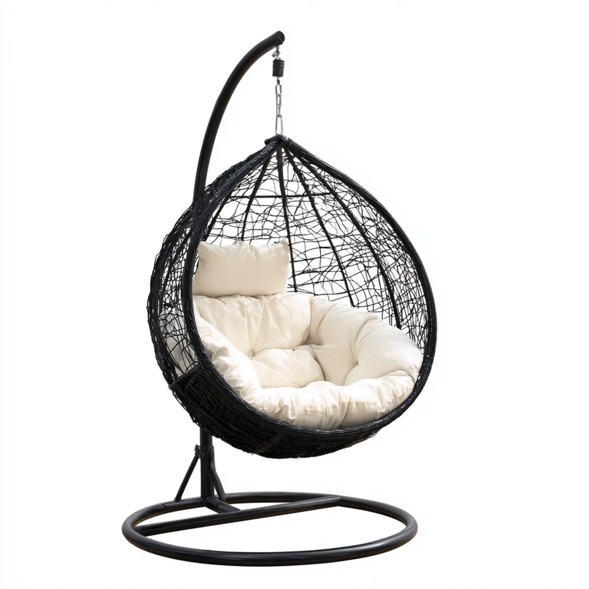 Hamak lub fotel wiszący, Krzesło wiszące z ramą Czarny krem 95 x 95 x 195 cm stali PE- rattan owalny