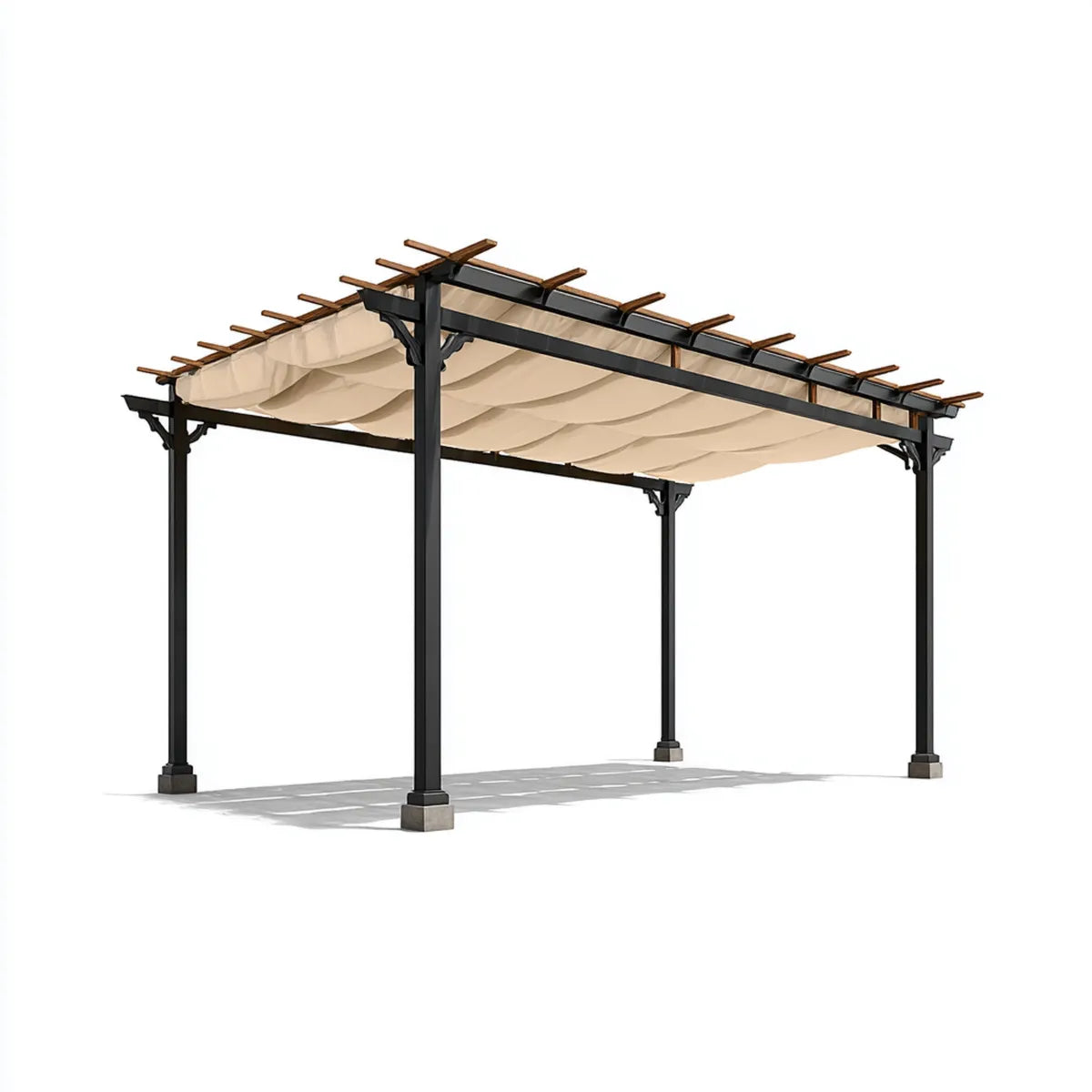 Altana lub pergola, prostokątny kąt ogrodowy czarny brązowy beżowy 400 x 300 x 230 cm w litym drewnie i stali poliestrowej z kurtyną przesuwną