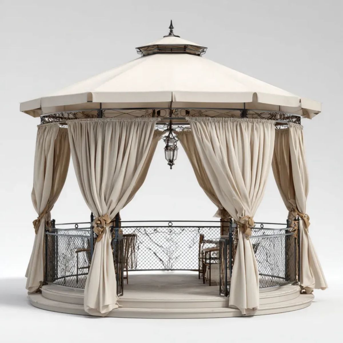 Altana lub pergola, Okrągłe ogród Beżowy Beż Pawilon i czarny Stal Belize z podwójnym dachem i zasłony, Ø 400 x 340 cm