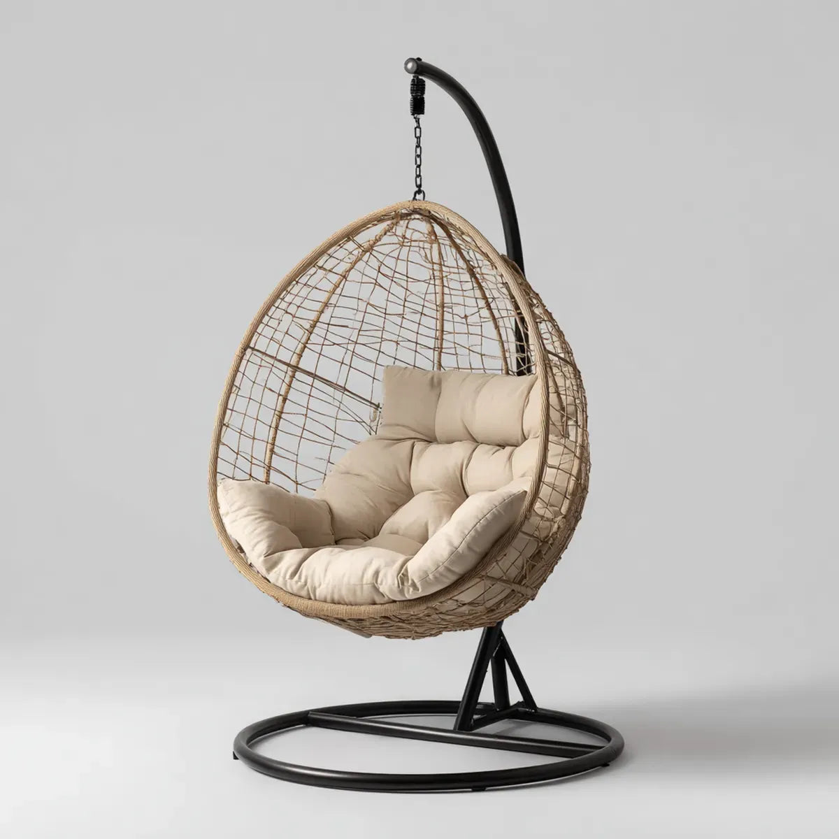 Hamak lub fotel wiszący, Wiszące krzesło z ramą Natur Beige 105 x 105 x 195 cm ze stali PE warkocz poliestrowy w kształcie jajka