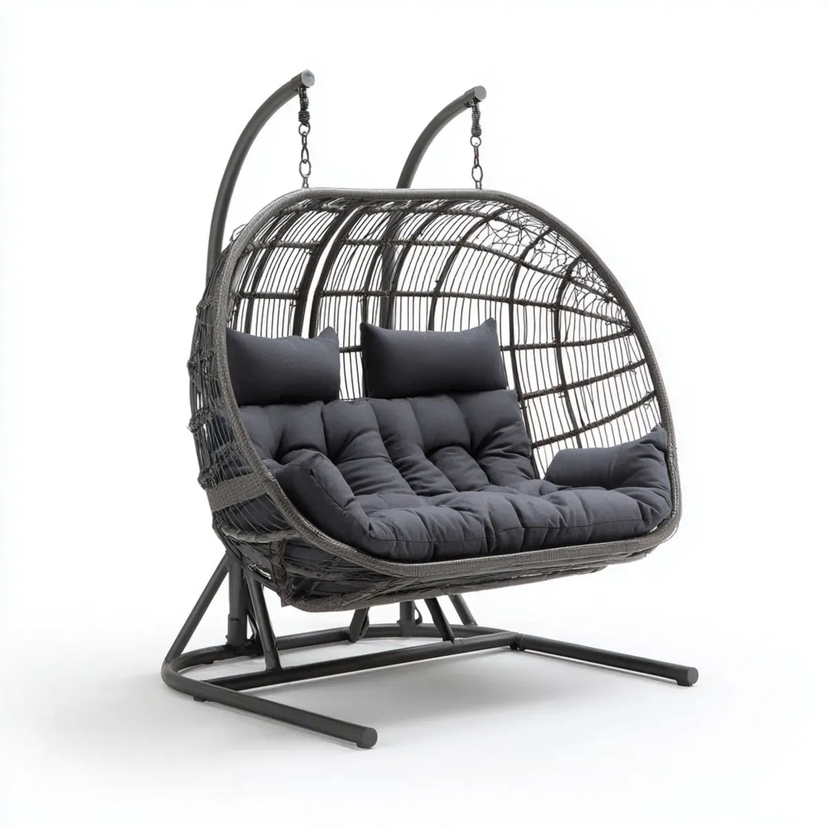 Hamak lub fotel wiszący, Wiszące krzesło dla 2 osób Szary czarny 145 x 120 x 200 cm PE- rattan stali Oval