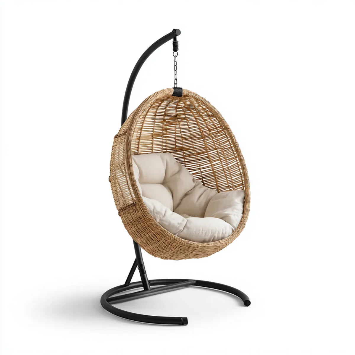 Hamak lub fotel wiszący, Wiszące krzesło z ramą Przyroda czarny 105 x 105 x 195 cm Stal rattan owalny z poduszką siedzenia