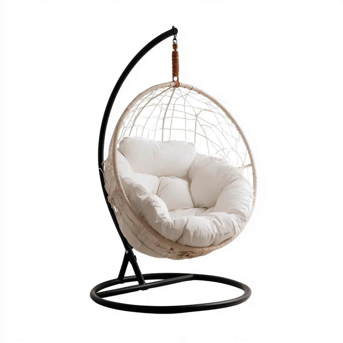 Hamak lub fotel wiszący, Wiszące krzesło z ramką krem biały czarny 95 x 95 x 195 cm PE rattan stalowy okrągły