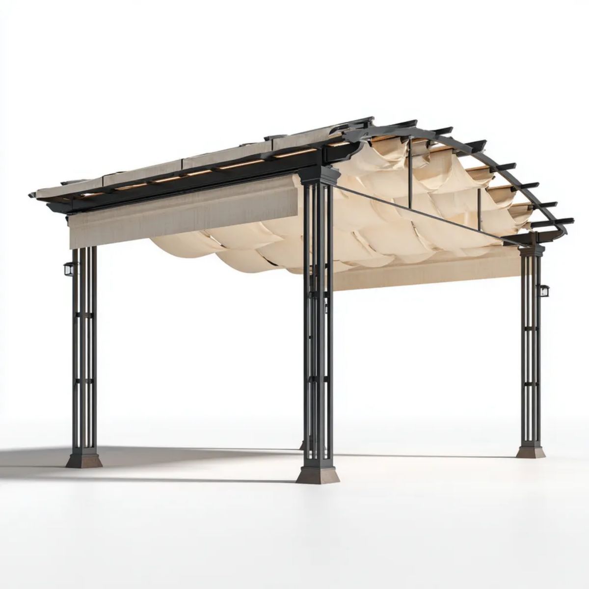 Altana lub pergola, Prostokątny ogród pergola w kolorze czarnym stal i beżowy poliester z przesuwanym dachem, 400 x 300 x 230 cm