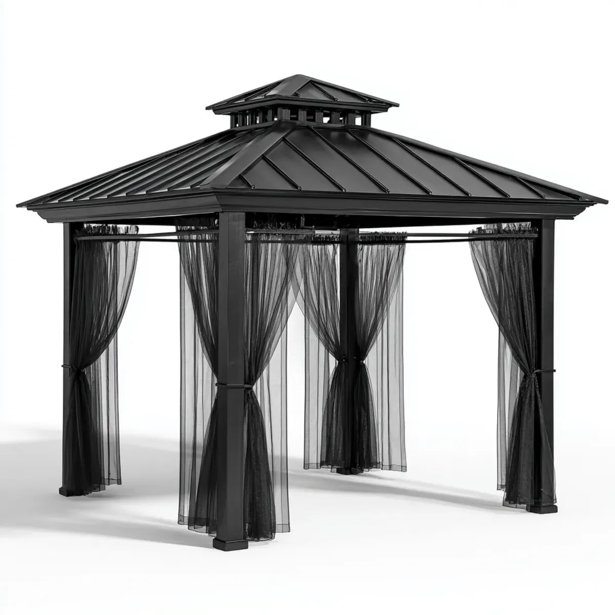 Altana lub pergola, Czarny ogród kwadratowy Gazebo 300 x 300 x 290 cm w aluminium i stali ocynkowanej ze sztywnym dachem i zasłonami poliestrowymi