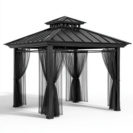 Altana lub pergola, Czarny ogród kwadratowy Gazebo 300 x 300 x 290 cm w aluminium i stali ocynkowanej ze sztywnym dachem i zasłonami poliestrowymi