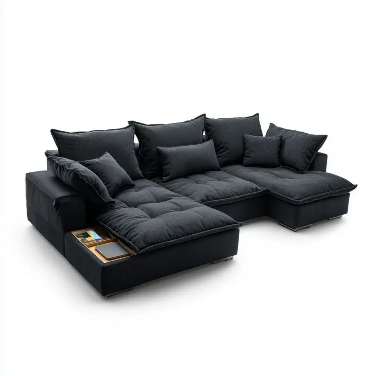 Sofa, Czarna regulowana sofa w poliestrze Ibervelvet 300 x 170 x 85 cm z meridianem