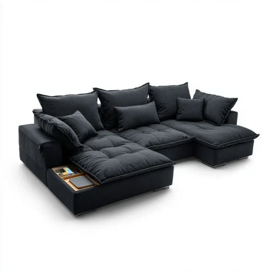 Sofa, Czarna regulowana sofa w poliestrze Ibervelvet 300 x 170 x 85 cm z meridianem