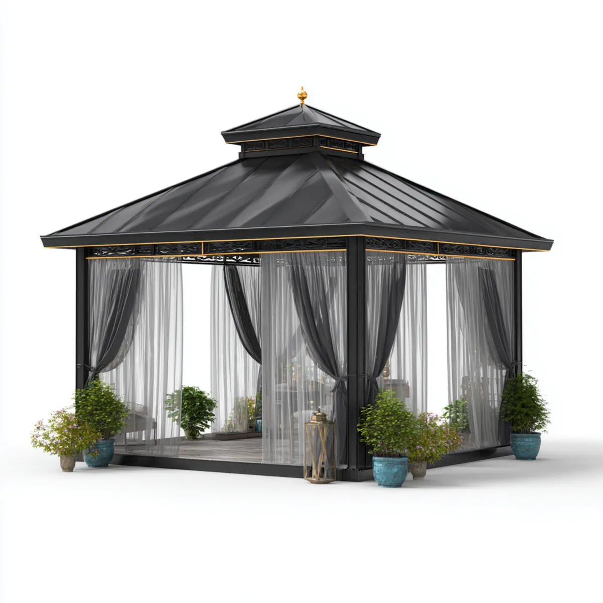 Altana lub pergola, Ogród Altana Plac Czarny z zasłonami i moskitami 400 x 400 x 360 cm w Aluminium i stali Zincato