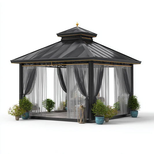 Altana lub pergola, Ogród Altana Plac Czarny z zasłonami i moskitami 400 x 400 x 360 cm w Aluminium i stali Zincato
