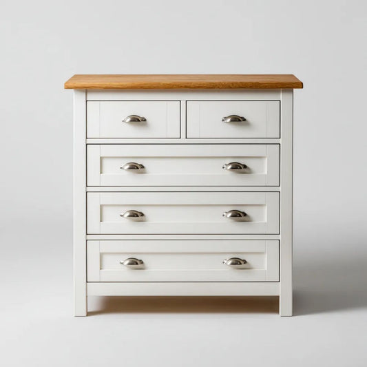 Komoda, Kommode 5 Białe szuflady w MDF z litego dębu 90 x 40 x 100 cm