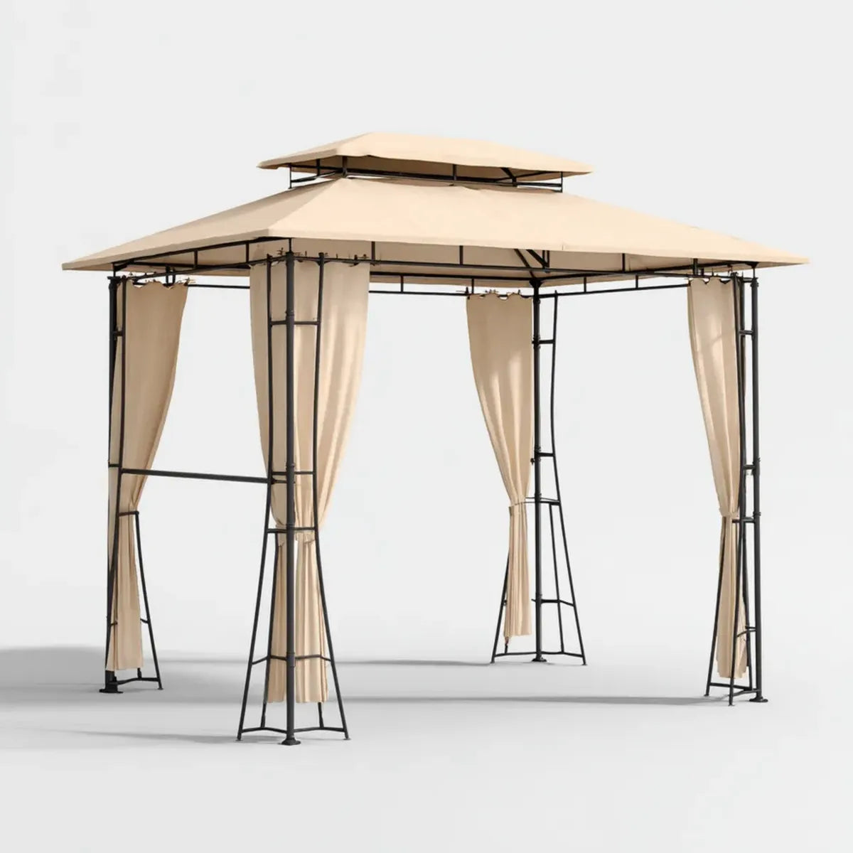 Altana lub pergola, Beżowy ogród kwadratowy Gazebo 300 x 300 x 270 cm w stali i poliestrze z bocznymi zasłonami