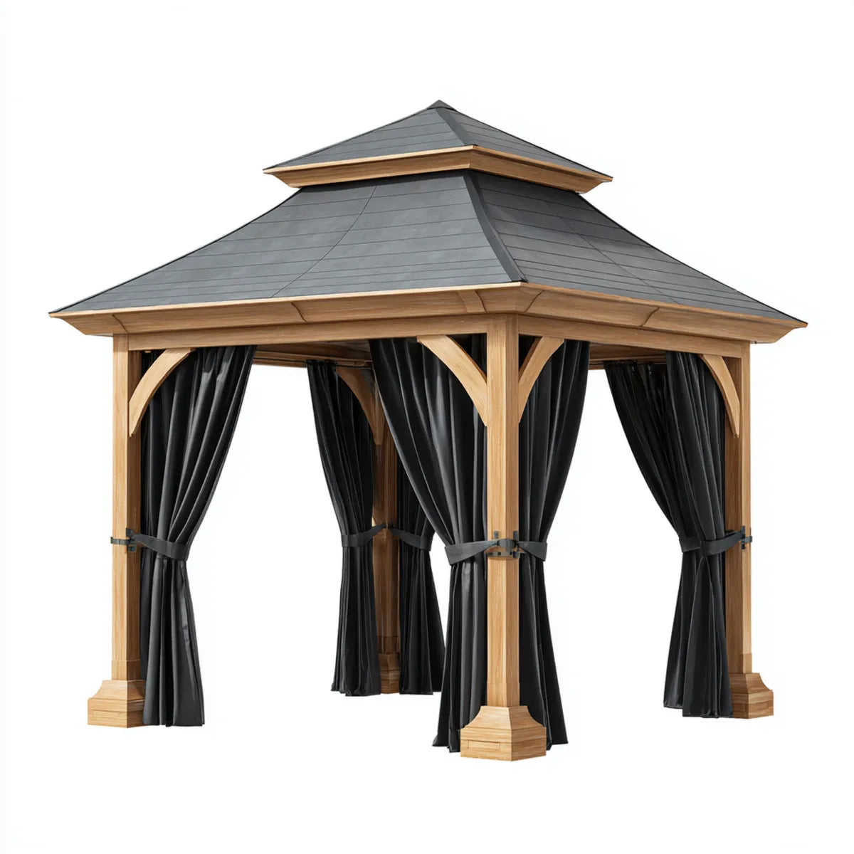 Altana lub pergola, Kwadratowa altana ogrodowa z czarnymi zasłonami 300 x 300 x 330 cm w litym drewnie i stali