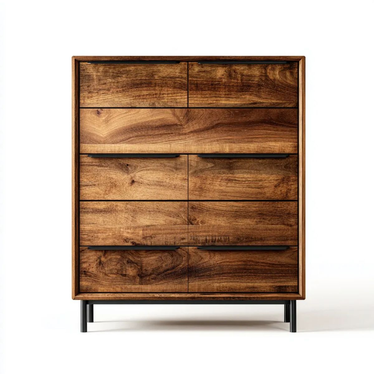Komoda, Wysoka komfort 7 szuflad ciemnobrązowy i czarny brązowy drewno z podstawą stalową 100 x 45 x 130 cm