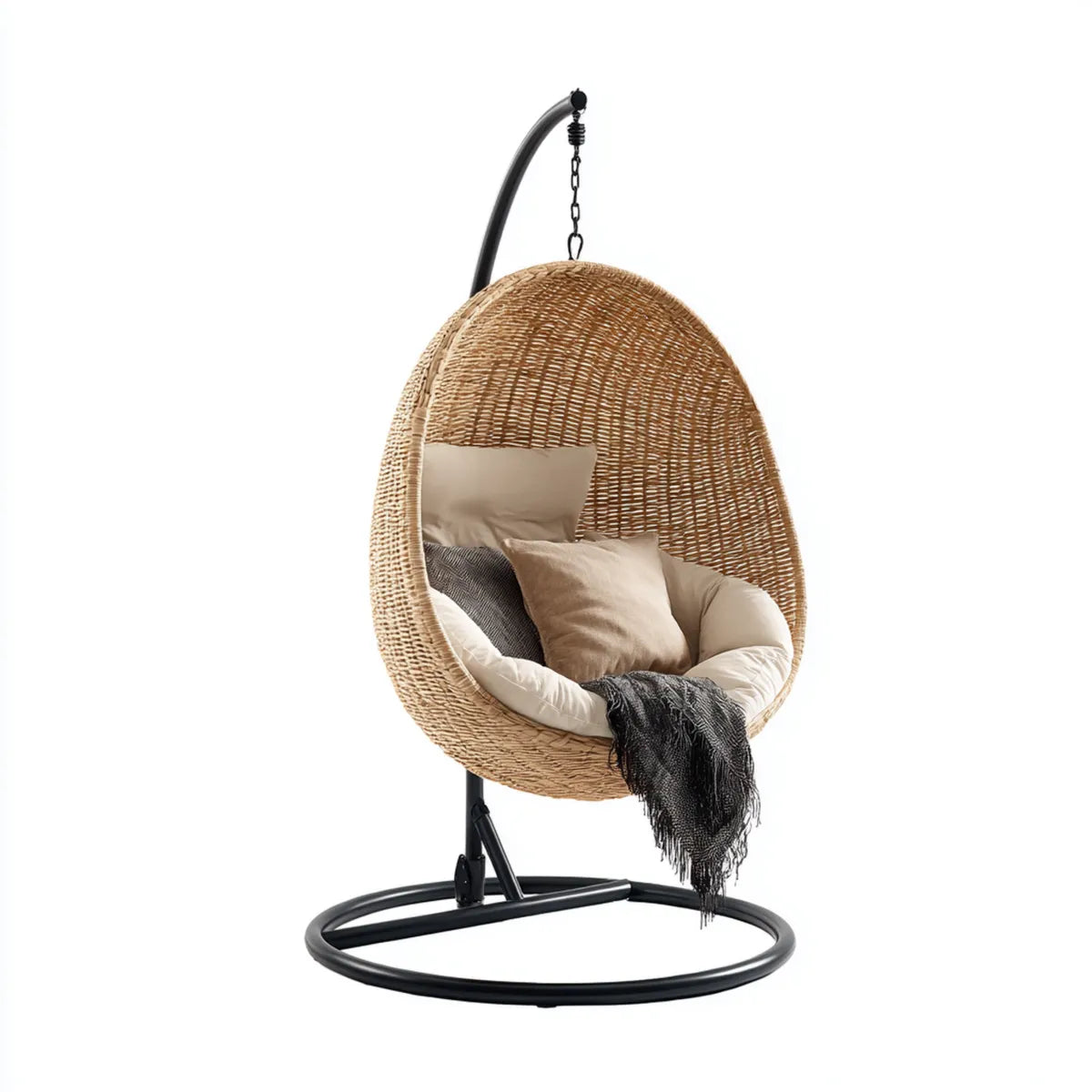 Hamak lub fotel wiszący, Wiszące krzesło z ramą Przyroda Beżowa czarny 105 x 105 x 195 cm Stal rattan owalny