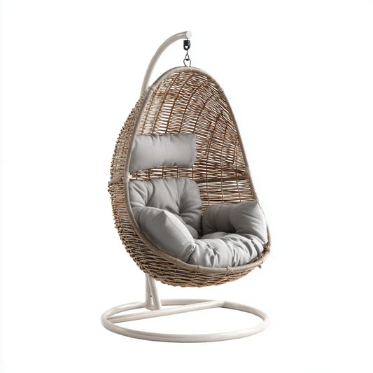 Hamak lub fotel wiszący, Zestaw wiszący z ramą naturalna jasnoszary biały 105 x 105 x 195 cm rattan warkocz kropla kształt