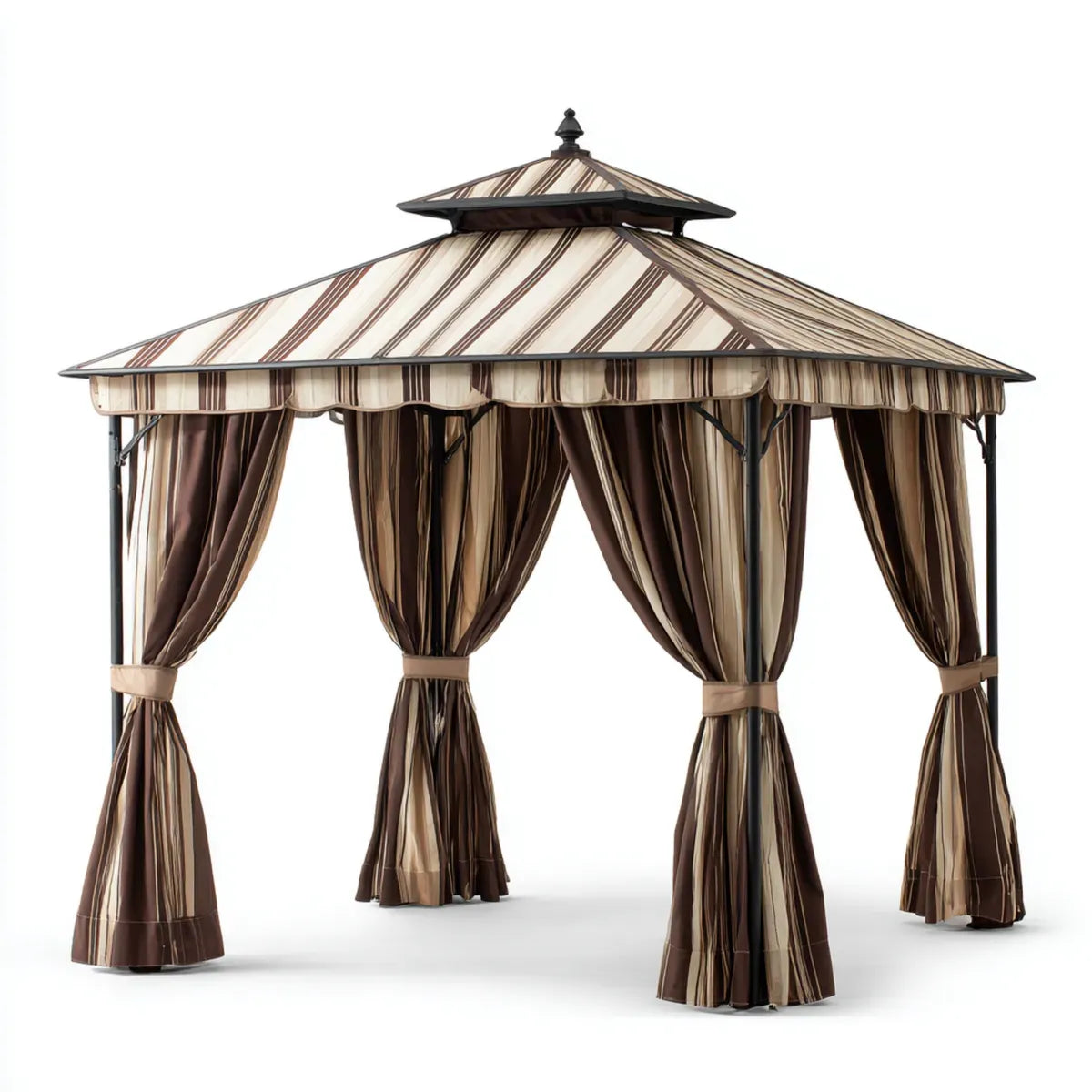 Altana lub pergola, Beżowy i brązowy ogród kwadratowy Gazebo 300 x 300 x 270 cm stal i poliester z bocznymi zasłonami