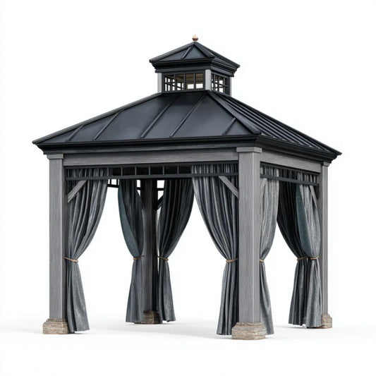 Altana lub pergola, Ogród Pawilon Plac na zewnątrz Plac szary antracyt i czarny aluminium aluminiowy i stal aluminiowa z poliestrowych zasłon, 300 x 300 x 350 cm