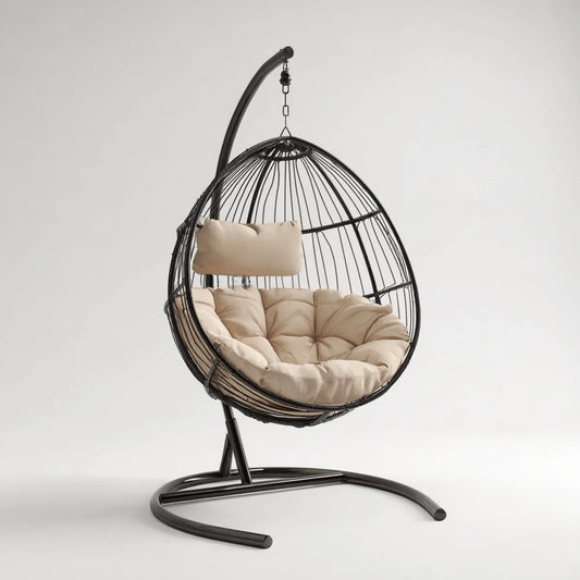 Hamak lub fotel wiszący, Krzesło wiszące z ramą Czarny beżowy 105 x 105 x 195 cm stali PE rattan jaj