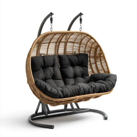 Hamak lub fotel wiszący, Zawieszony fotel 2-fotelik Brązowy czarny 145 x 120 x 200 cm PE- Rattan Steel Oval