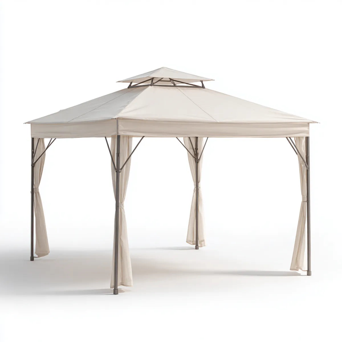 Altana lub pergola, 3 x 3 m beżowy ogród Gazebo z podwójnym poziomem konstrukcji dachu i zasłony boczne