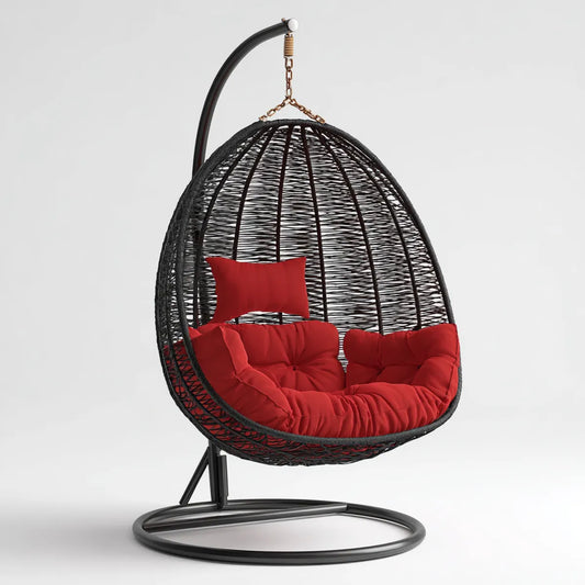 Hamak lub fotel wiszący, Podwójne wiszące krzesło Czarny czerwony 130 x 75 x 200 cm PE rattan stali owalne