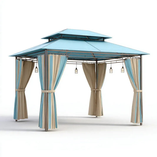 Altana lub pergola, Jasnoniebieski i beżowy prostokątny ogród tonnale w stali stołowej i poliester 400 x 300 x 280 cm z zasłonami