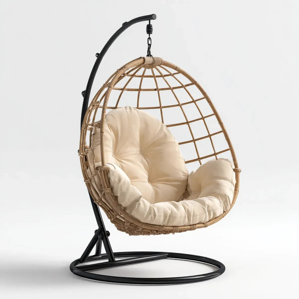 Hamak lub fotel wiszący, Krzesło wiszące z ramą Krem Przyroda Czarny rattan i stali owalne 100 x 100 x 195 cm