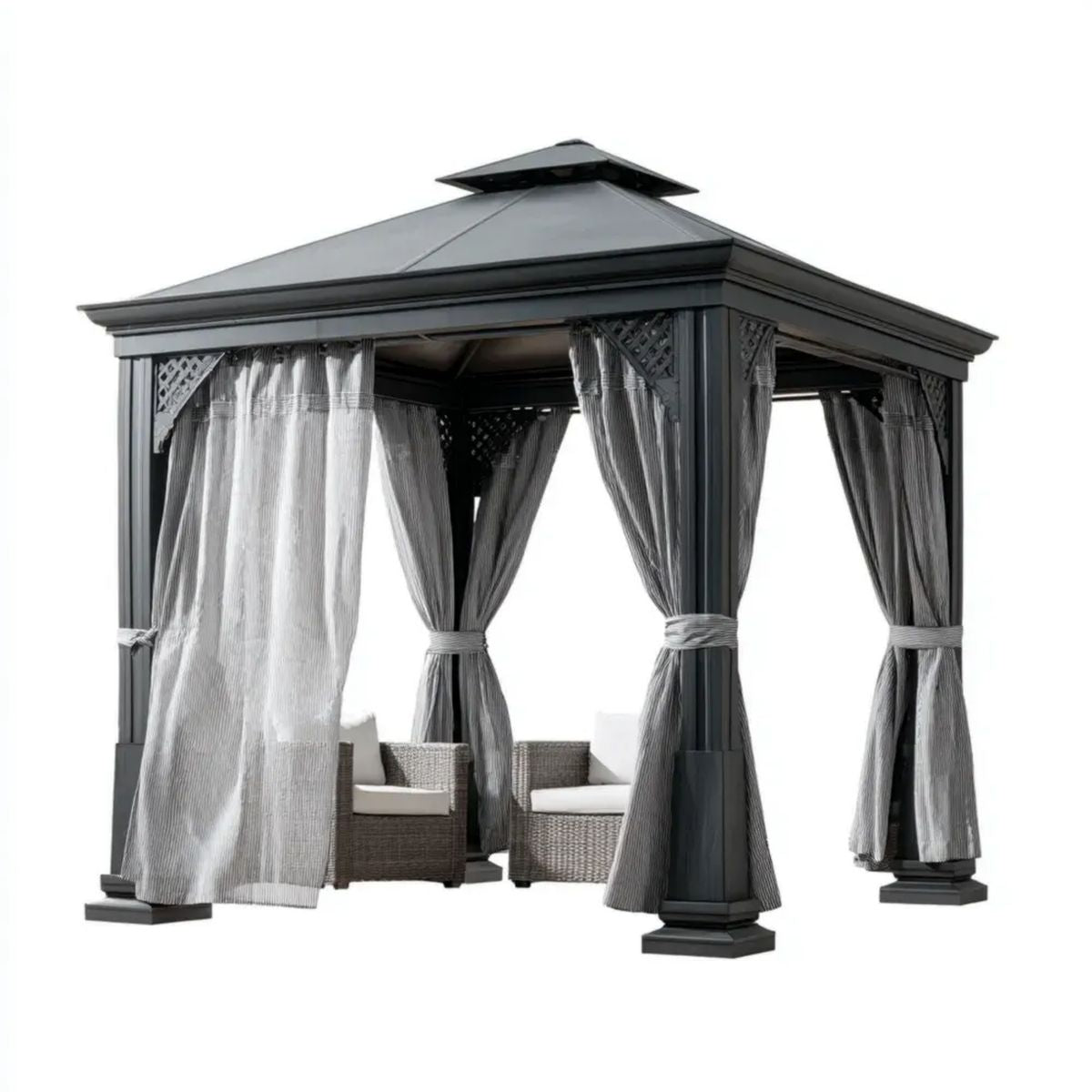 Altana lub pergola, Antracyt kwadratowy ogród ogrodowy pawilon aluminiowy i stalowy, sztywny dach i zasłony, 300 x 300 x 285 cm