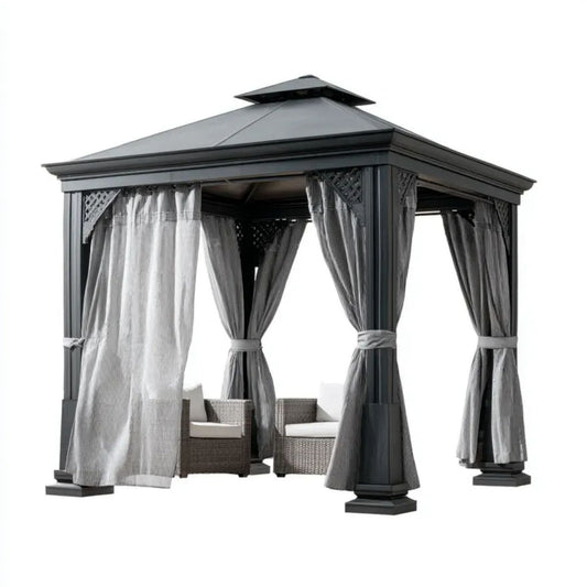 Altana lub pergola, Antracyt kwadratowy ogród ogrodowy pawilon aluminiowy i stalowy, sztywny dach i zasłony, 300 x 300 x 285 cm