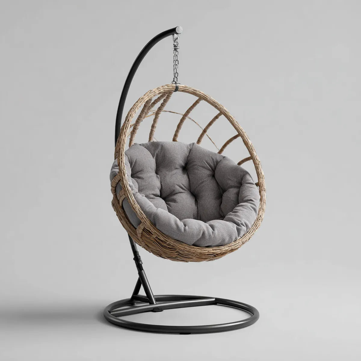 Hamak lub fotel wiszący, Wiszące krzesło z ramą Szara naturalna 105 x 105 x 195 cm PE- Rattan stali owalnej