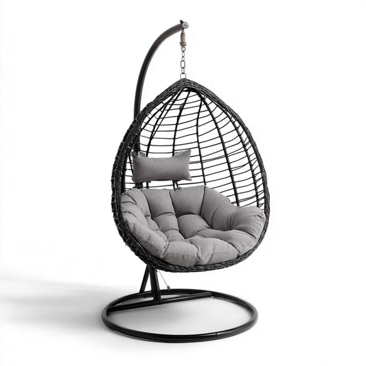 Hamak lub fotel wiszący, Zestaw do wiszącego krzesła czarny szary 105 x 105 x 200 cm stali PE- rattan owalny