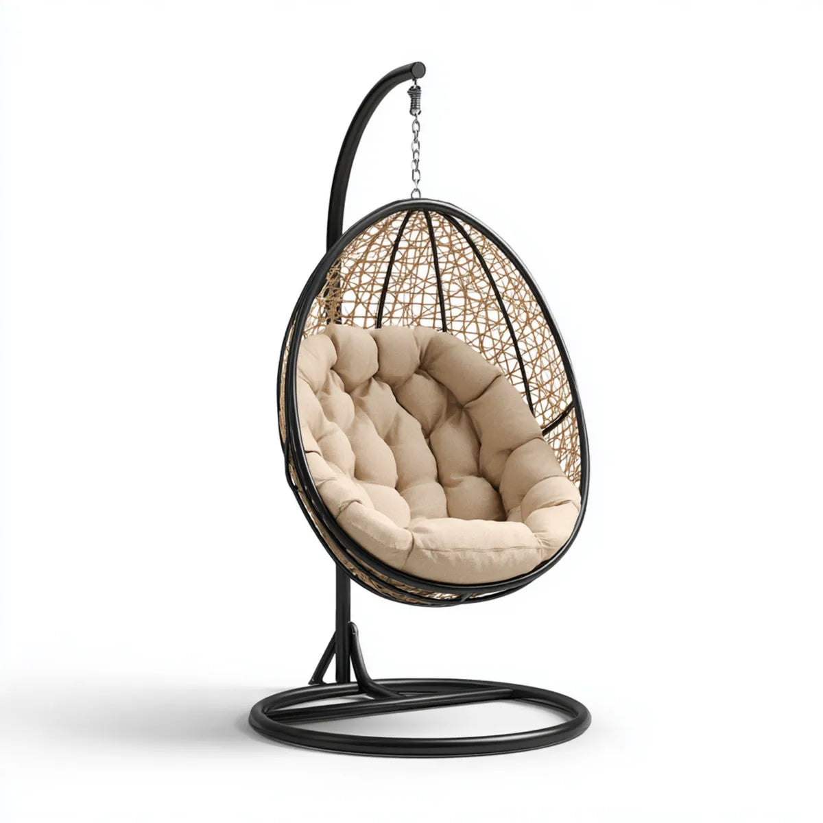 Hamak lub fotel wiszący, Wiszące krzesło z ramą Czarna naturalna Beżge 95 x 95 x 195 cm stali PE- Rattan Oval