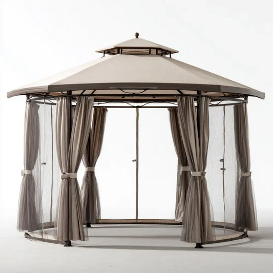Altana lub pergola, Beż okrągły ogród Pawilon w stali stopowej i poliester 300 x 300 x 280 cm z zasłonami i moskitierami