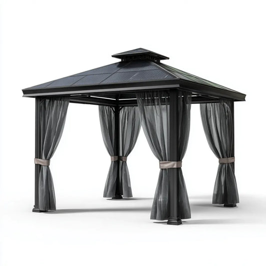 Altana lub pergola, Czarny kwadrat ogród altana 300 x 300 x 290 cm w aluminium z dachem poliwęglanowym i zasłonami poliestrowymi