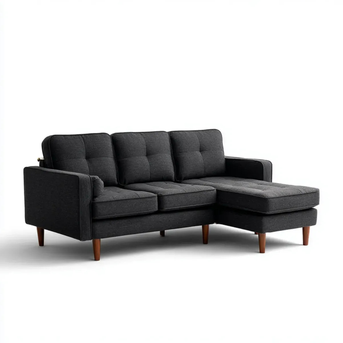 Sofa, narożna sofa 3-fotelik ciemnoszary z pokrywą z poliestru szezlongiem, 230 x 150 x 86 cm