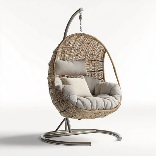 Hamak lub fotel wiszący, Wiszące krzesła z ramą Beige 105 x 105 x 195 cm z rattanu PE i stali