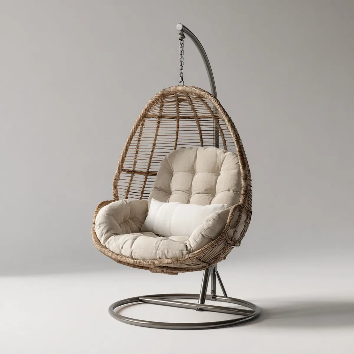 Hamak lub fotel wiszący, Wiszące krzesło z ramą naturalna Beżowa antracyt 105 x 105 x 195 cm PE rattan jaj