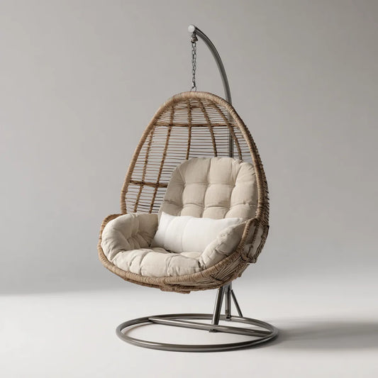 Hamak lub fotel wiszący, Wiszące krzesło z ramą naturalna Beżowa antracyt 105 x 105 x 195 cm PE rattan jaj
