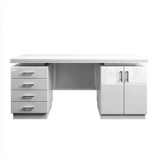 Biurko, Biała biurko 160 x 60 x 75 cm z MDF i płyty wiórowej prostokątne z 4 szufladami i 2 drzwiami
