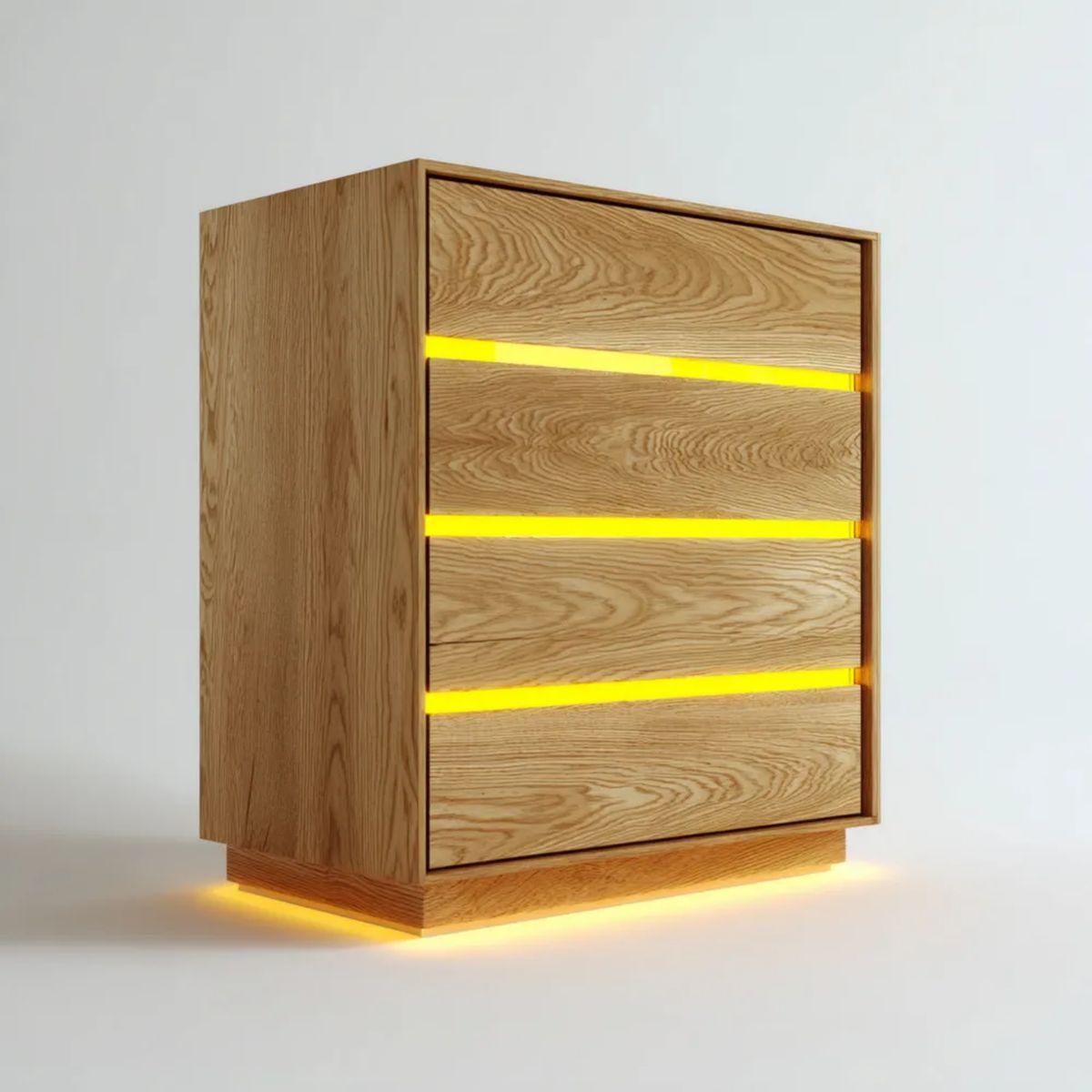 Komoda, Prostokątna drewniana ramka z 4 szufladami z oświetleniem LED, Dębowy dąb, 80 x 45 x 100 cm