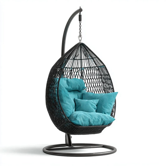Hamak lub fotel wiszący, Wiszące krzesło z ramą Czarny turkusowy 105 x 105 x 195 cm PE rattan stalowy kształt jajka