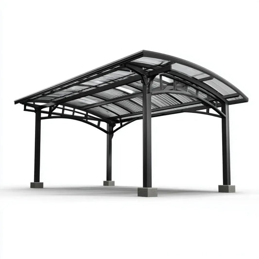 Altana lub pergola, Czarny dach samochodowy 500 x 300 x 250 cm w stali i poliwęglanu z zakrzywionym dachem